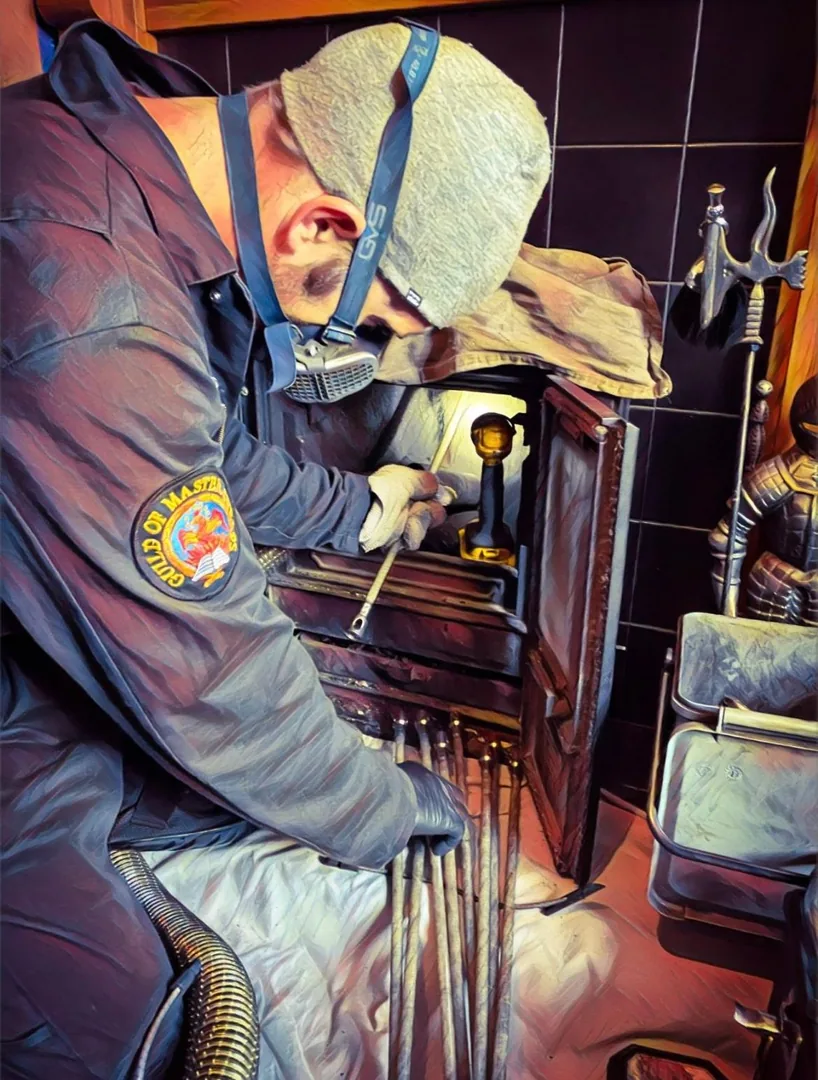 Matt sweeping a stove for Burnbright Chimney Sweeps Matt from Burnbright Chimney Sweeps at work — Guild of Master Sweeps certified
